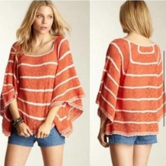 Free People Tops - Free People La Bonita Poncho Sweater Orange Striped Open Knit Oversized Shawl